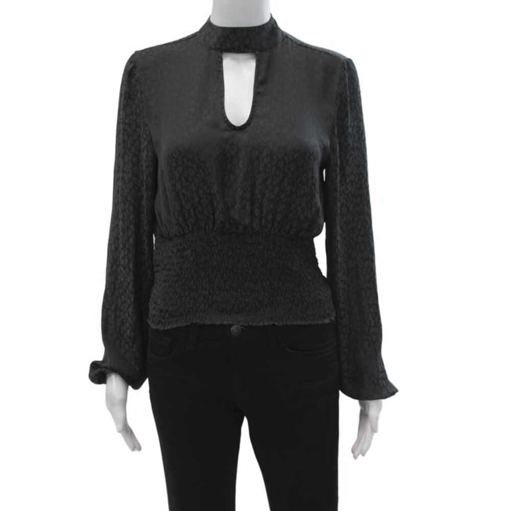 Steve Madden Womens Cropped Animal Print High Neck Button Black Blouse Size S - Picture 1 of 5